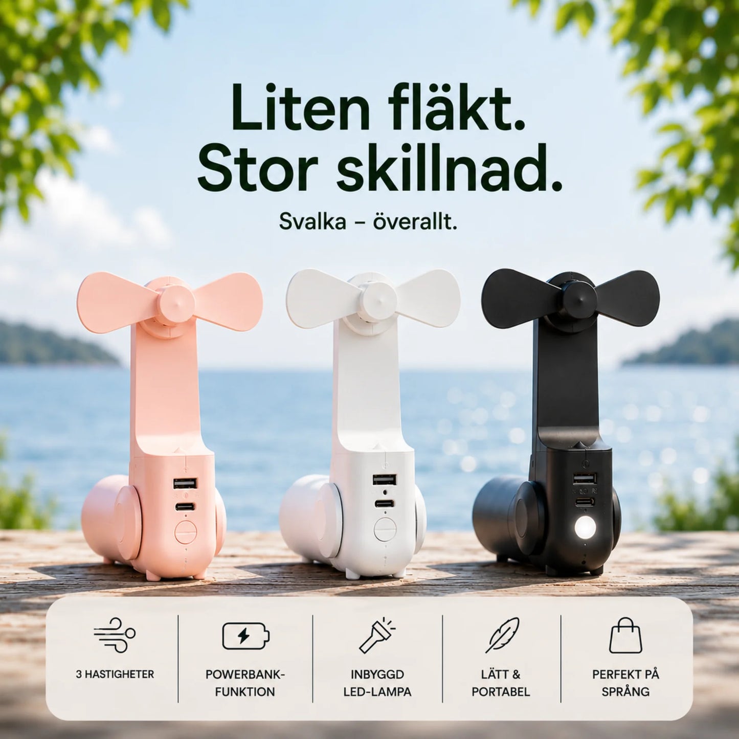 MultiSval – Fläkt, powerbank och ficklampa